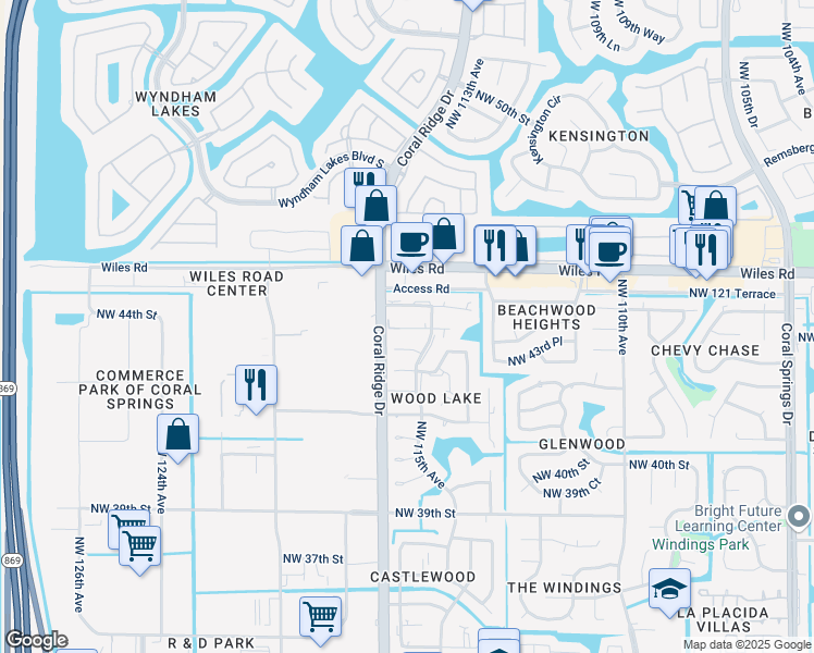 map of restaurants, bars, coffee shops, grocery stores, and more near 11630 Northwest 45th Street in Coral Springs