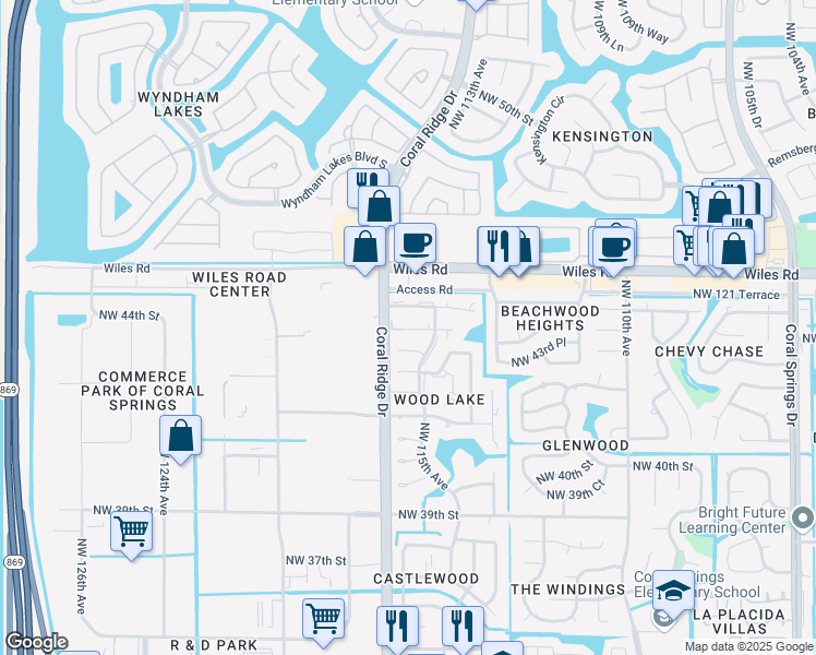 map of restaurants, bars, coffee shops, grocery stores, and more near 11630 Northwest 45th Street in Coral Springs