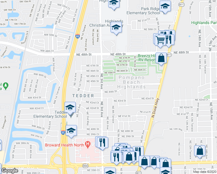 map of restaurants, bars, coffee shops, grocery stores, and more near 4441 Northeast 4th Avenue in Pompano Beach