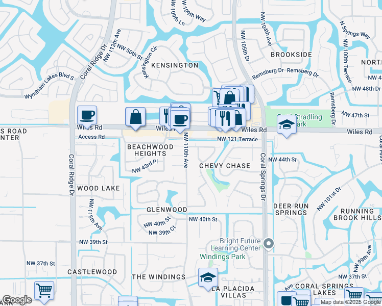 map of restaurants, bars, coffee shops, grocery stores, and more near 10941 Northwest 45th Street in Coral Springs