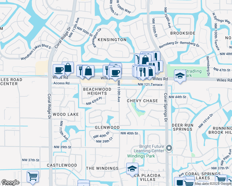 map of restaurants, bars, coffee shops, grocery stores, and more near 11061 Northwest 45th Street in Coral Springs