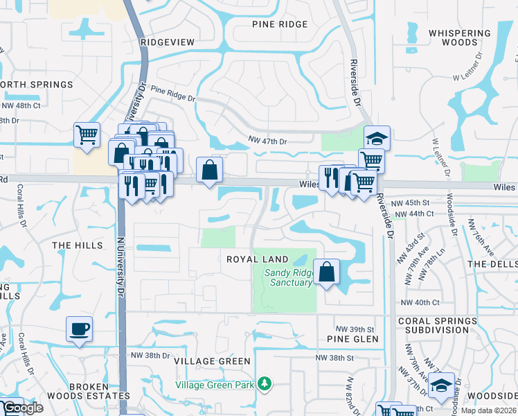 map of restaurants, bars, coffee shops, grocery stores, and more near 8829 Northwest 45th Place in Coral Springs
