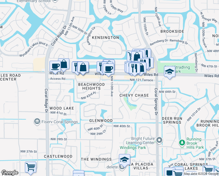 map of restaurants, bars, coffee shops, grocery stores, and more near 11061 Northwest 45th Street in Coral Springs