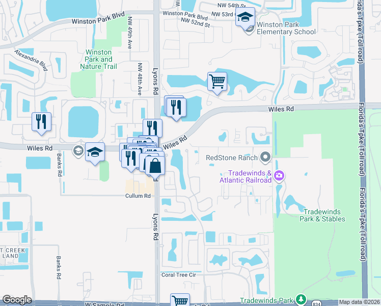 map of restaurants, bars, coffee shops, grocery stores, and more near 4480 Northwest 42nd Terrace in Coconut Creek