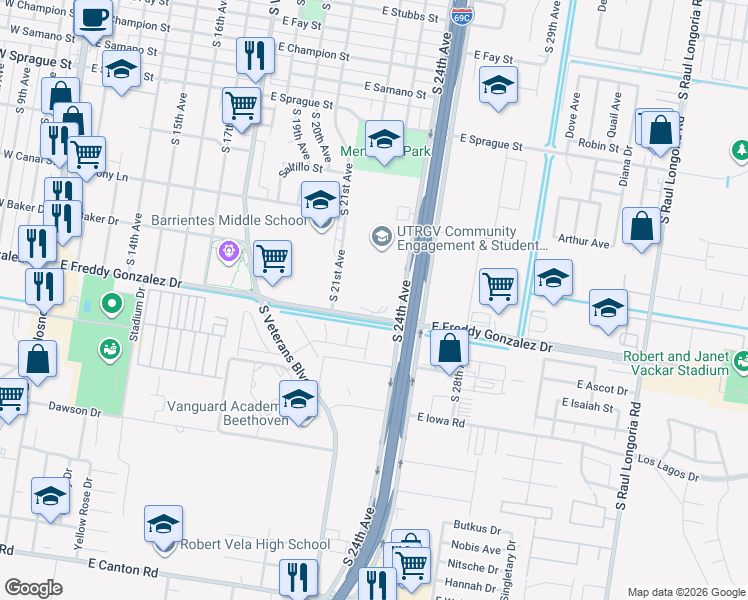 map of restaurants, bars, coffee shops, grocery stores, and more near 1401 East Freddy Gonzalez Drive in Edinburg