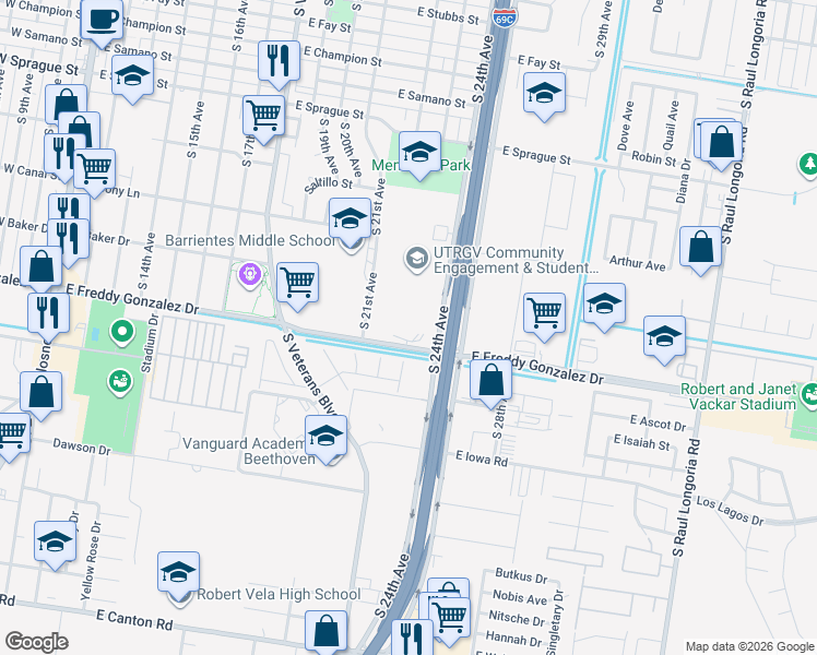 map of restaurants, bars, coffee shops, grocery stores, and more near 1401 East Freddy Gonzalez Drive in Edinburg