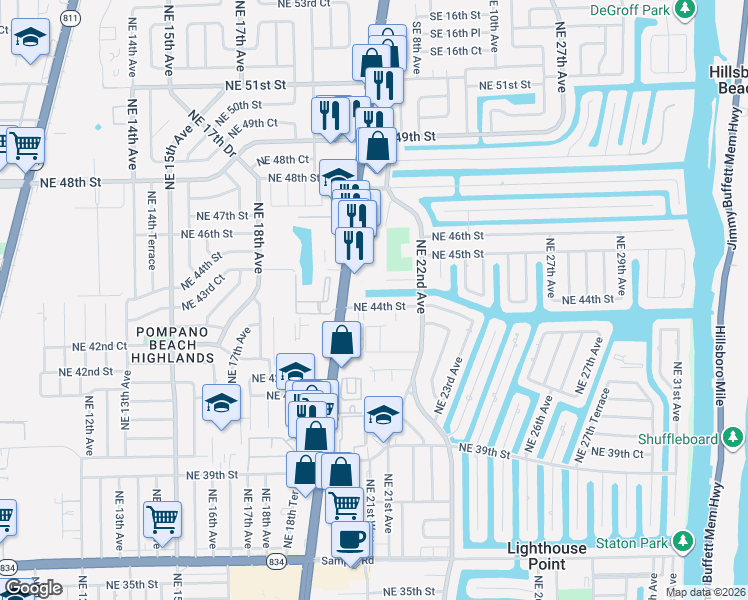 map of restaurants, bars, coffee shops, grocery stores, and more near 2140 Northeast 44th Court in Lighthouse Point