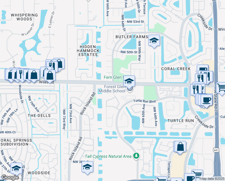 map of restaurants, bars, coffee shops, grocery stores, and more near 4522 Northwest 67th Avenue in Coral Springs