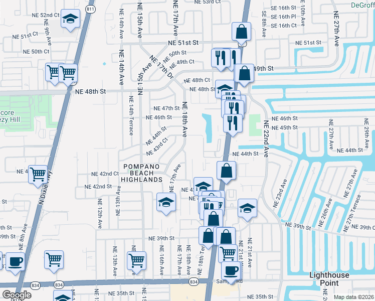 map of restaurants, bars, coffee shops, grocery stores, and more near 4381 Northeast 16th Avenue in Pompano Beach