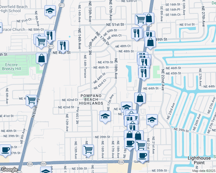 map of restaurants, bars, coffee shops, grocery stores, and more near 1580 Northeast 43rd Court in Pompano Beach