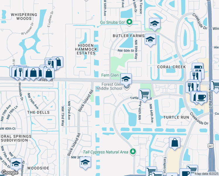 map of restaurants, bars, coffee shops, grocery stores, and more near 4522 Northwest 67th Avenue in Coral Springs