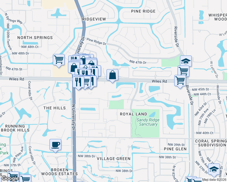 map of restaurants, bars, coffee shops, grocery stores, and more near 8901 Northwest 45th Court in Coral Springs