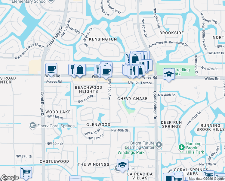 map of restaurants, bars, coffee shops, grocery stores, and more near 10941 Northwest 45th Street in Coral Springs