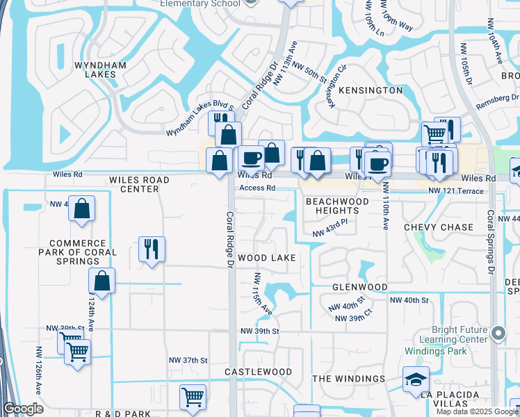 map of restaurants, bars, coffee shops, grocery stores, and more near 11630 Northwest 45th Street in Coral Springs