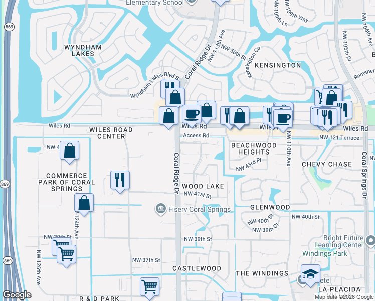 map of restaurants, bars, coffee shops, grocery stores, and more near 11630 Northwest 45th Street in Coral Springs