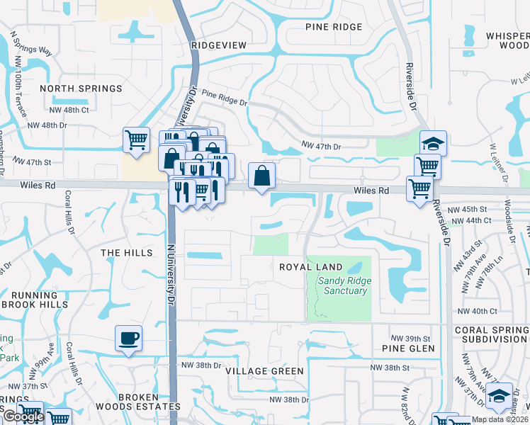 map of restaurants, bars, coffee shops, grocery stores, and more near 8901 Northwest 45th Court in Coral Springs