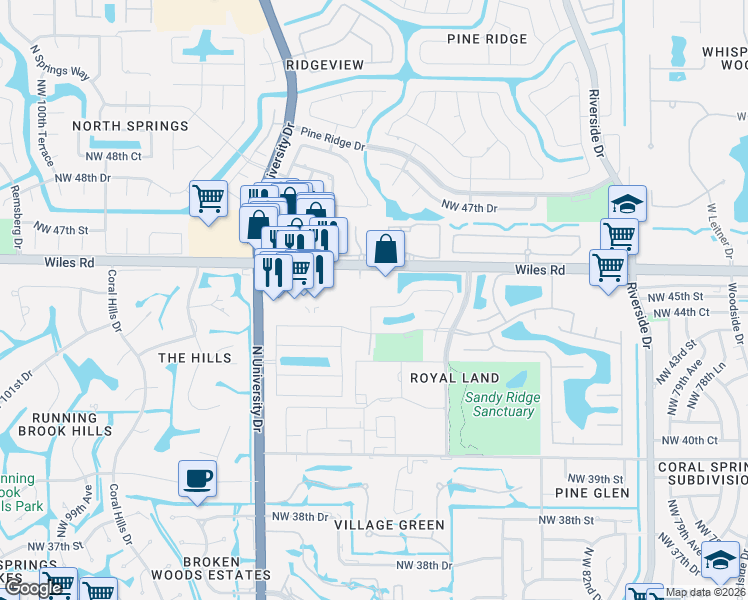 map of restaurants, bars, coffee shops, grocery stores, and more near 45 Kathy Court in Coral Springs
