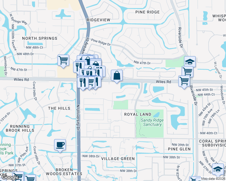 map of restaurants, bars, coffee shops, grocery stores, and more near 45 Kathy Court in Coral Springs