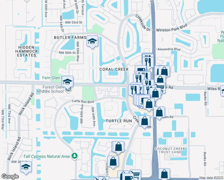 map of restaurants, bars, coffee shops, grocery stores, and more near 6180 Wiles Road in Coral Springs