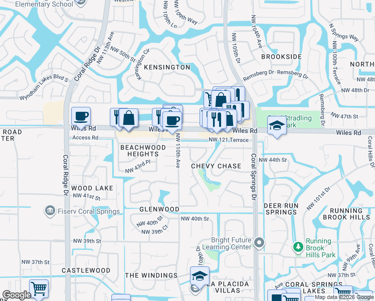 map of restaurants, bars, coffee shops, grocery stores, and more near 4480 Northwest 109th Terrace in Coral Springs