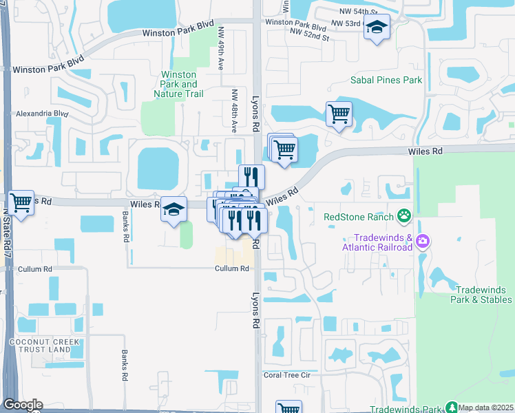 map of restaurants, bars, coffee shops, grocery stores, and more near Wiles Rd & Lyons Rd in Coconut Creek