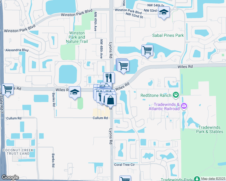 map of restaurants, bars, coffee shops, grocery stores, and more near Wiles Rd & Lyons Rd in Coconut Creek