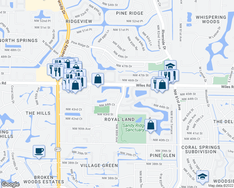 map of restaurants, bars, coffee shops, grocery stores, and more near 8802 Northwest 45th Place in Coral Springs