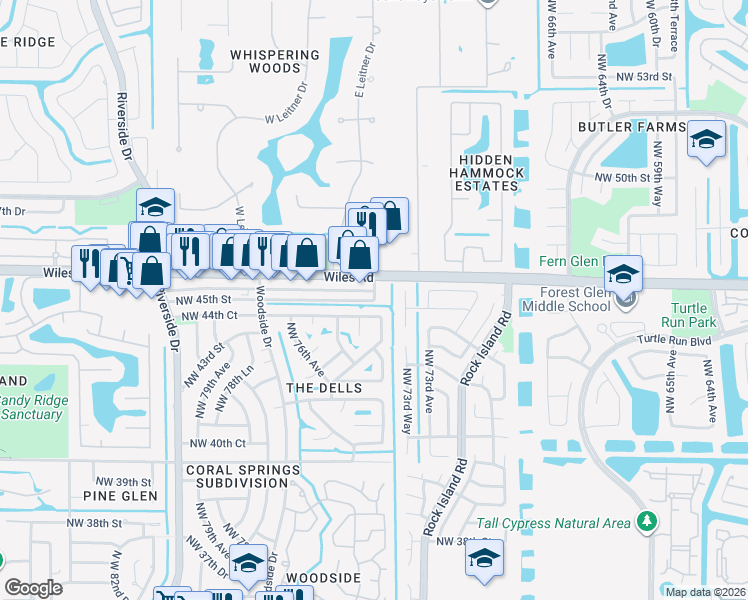 map of restaurants, bars, coffee shops, grocery stores, and more near 10741 Northwest 45th Street in Coral Springs