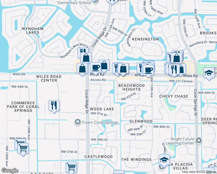 map of restaurants, bars, coffee shops, grocery stores, and more near 11472 Northwest 45th Street in Coral Springs