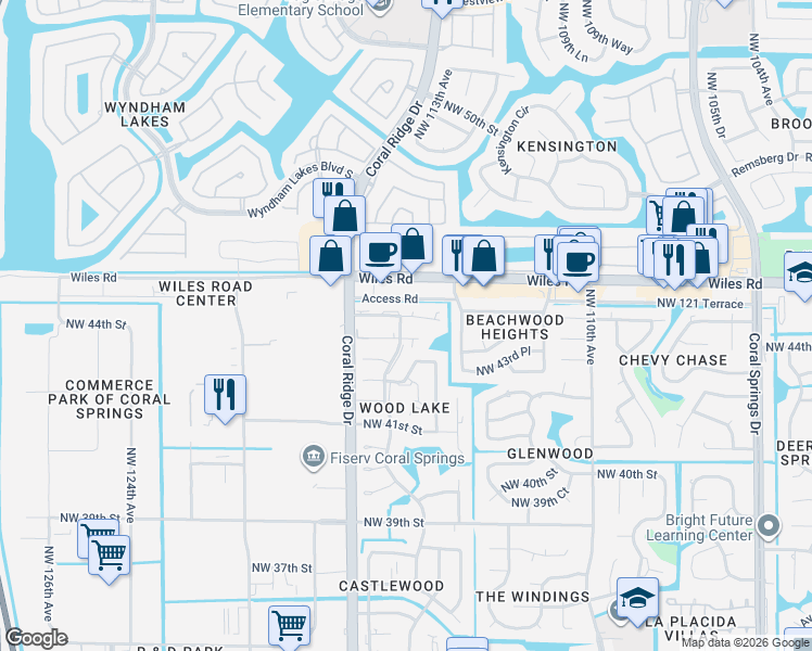 map of restaurants, bars, coffee shops, grocery stores, and more near 11472 Northwest 45th Street in Coral Springs