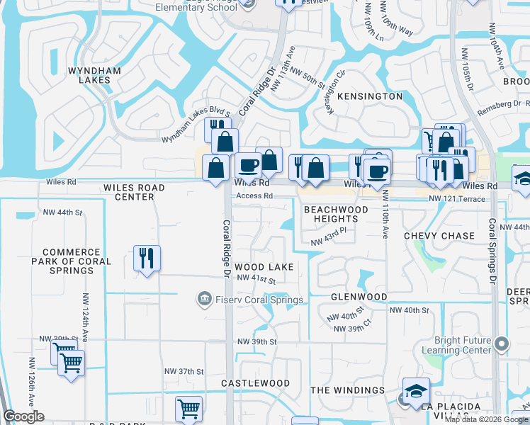 map of restaurants, bars, coffee shops, grocery stores, and more near 11472 Northwest 45th Street in Coral Springs