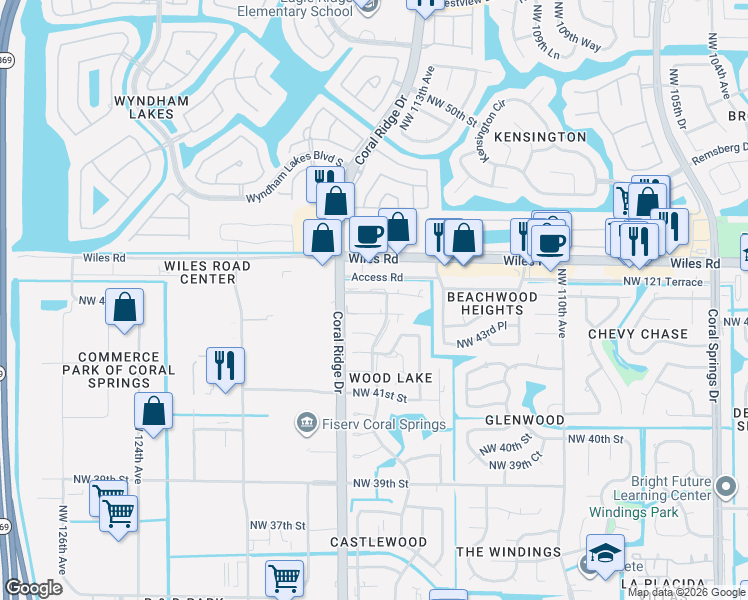 map of restaurants, bars, coffee shops, grocery stores, and more near 11630 Northwest 45th Street in Coral Springs