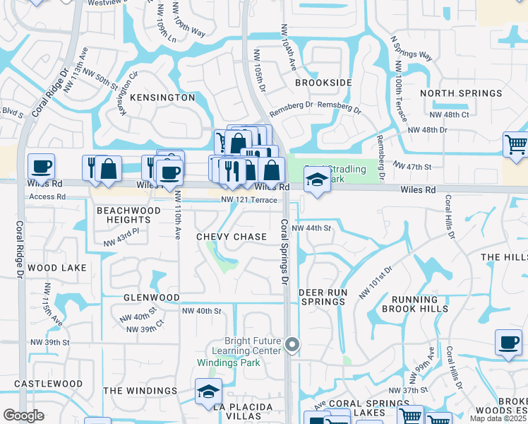 map of restaurants, bars, coffee shops, grocery stores, and more near 10601 Northwest 45th Street in Coral Springs