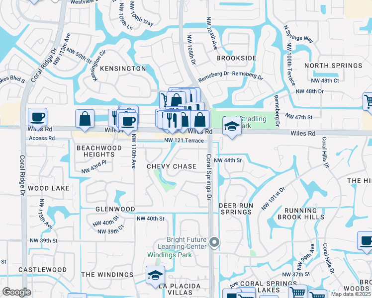 map of restaurants, bars, coffee shops, grocery stores, and more near 10601 Northwest 45th Street in Coral Springs