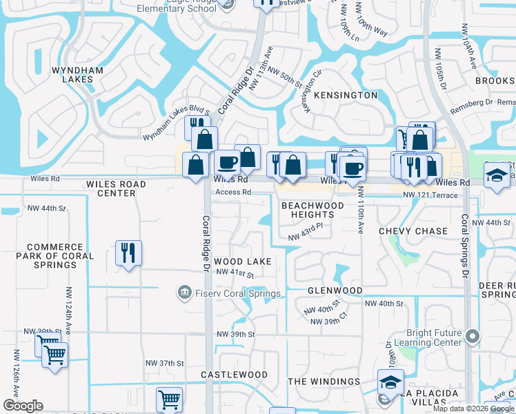 map of restaurants, bars, coffee shops, grocery stores, and more near 11472 Northwest 45th Street in Coral Springs