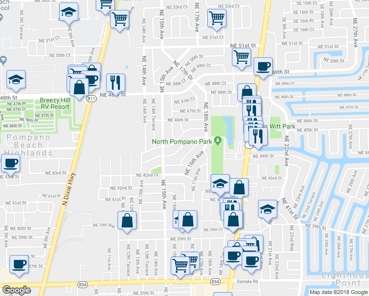 map of restaurants, bars, coffee shops, grocery stores, and more near 1580 Northeast 43rd Court in Pompano Beach