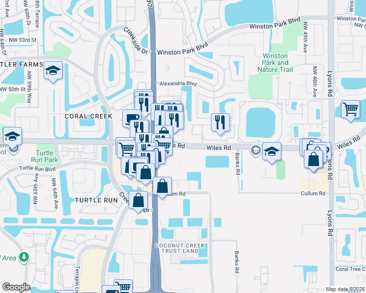 map of restaurants, bars, coffee shops, grocery stores, and more near 5400 Wiles Road in Coconut Creek