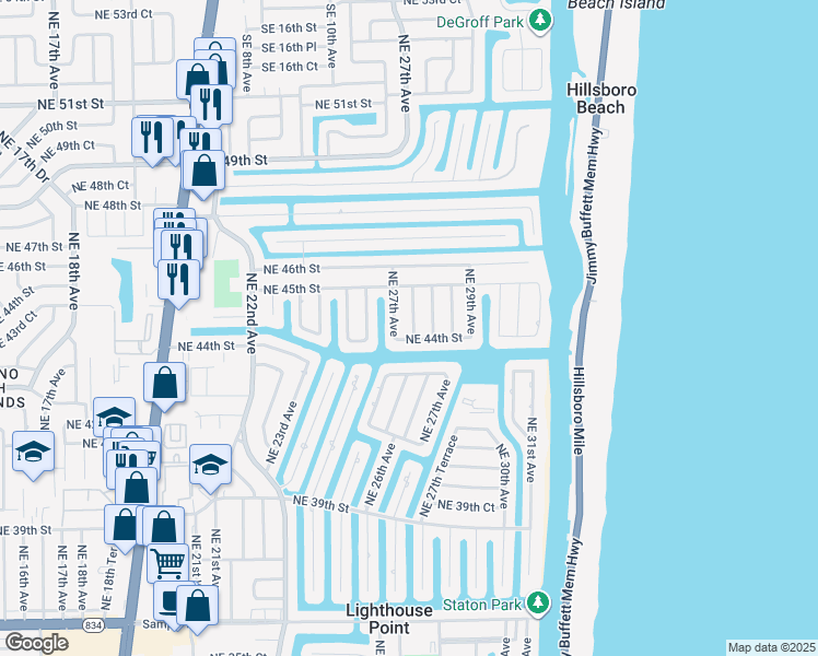 map of restaurants, bars, coffee shops, grocery stores, and more near 4411 Northeast 27th Terrace in Lighthouse Point