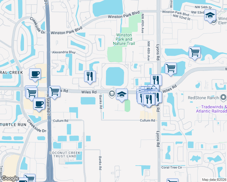 map of restaurants, bars, coffee shops, grocery stores, and more near 5025 Wiles Road in Coconut Creek