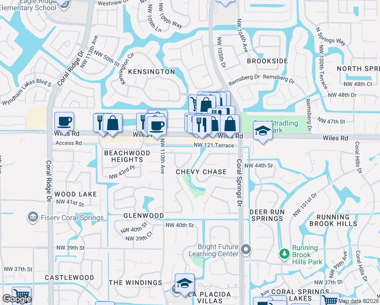 map of restaurants, bars, coffee shops, grocery stores, and more near 10855 Northwest 45th Street in Coral Springs