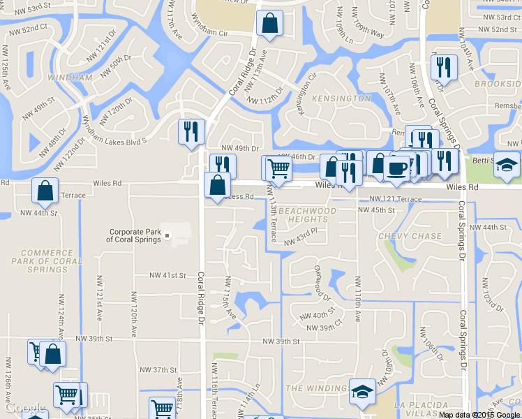 map of restaurants, bars, coffee shops, grocery stores, and more near 4482 Northwest 113th Terrace in Coral Springs