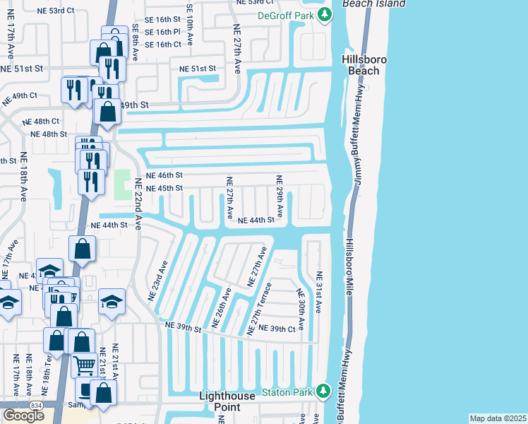 map of restaurants, bars, coffee shops, grocery stores, and more near 4411 Northeast 28th Terrace in Lighthouse Point