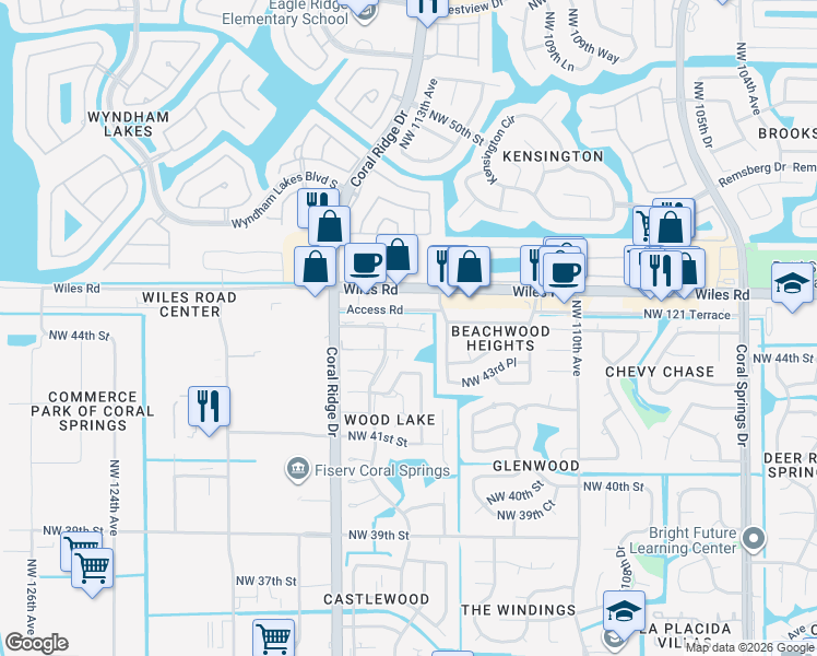 map of restaurants, bars, coffee shops, grocery stores, and more near 11472 Northwest 45th Street in Coral Springs