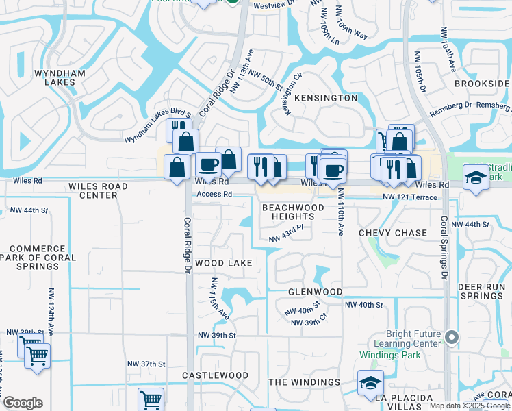 map of restaurants, bars, coffee shops, grocery stores, and more near 4482 Northwest 113th Terrace in Coral Springs
