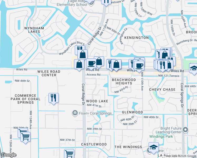 map of restaurants, bars, coffee shops, grocery stores, and more near 11472 Northwest 45th Street in Coral Springs