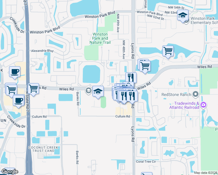 map of restaurants, bars, coffee shops, grocery stores, and more near 1412 Wiles Road in Coconut Creek