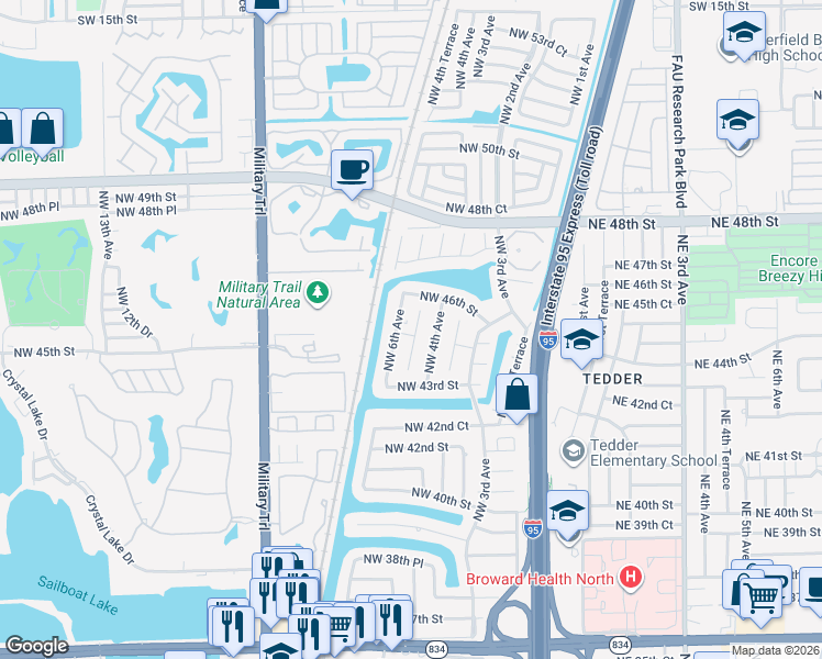 map of restaurants, bars, coffee shops, grocery stores, and more near 501 Northwest 43rd Place in Pompano Beach