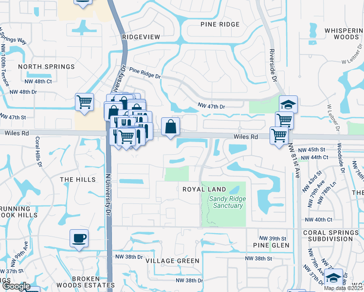 map of restaurants, bars, coffee shops, grocery stores, and more near 8901 Northwest 45th Court in Coral Springs