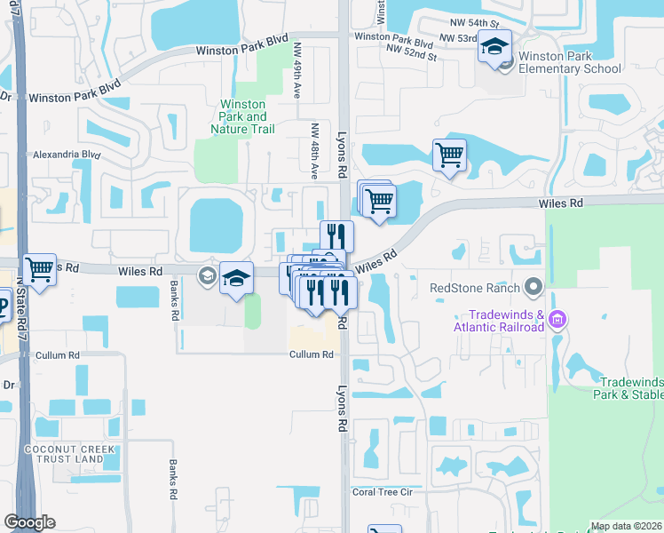 map of restaurants, bars, coffee shops, grocery stores, and more near in Coconut Creek