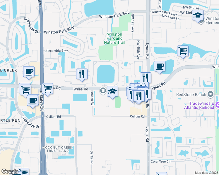 map of restaurants, bars, coffee shops, grocery stores, and more near 5065 Wiles Road in Coconut Creek